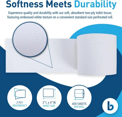 Vista 3 de Boardwalk B6144 2 capas de papel higiénico séptico seguro - blanco (96/cartón)