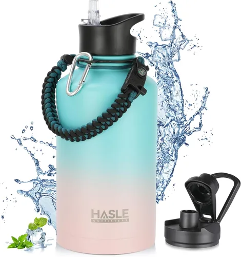 Vista 63 de HASLE OUTFITTERS Botella de agua aislada de 22 onzas, botella de agua de acero inoxidable de doble pared de boca ancha con tapa de popote y tapa