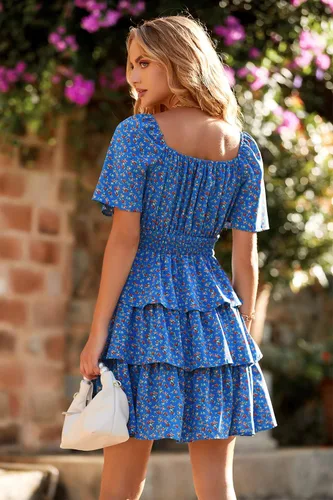 Vista 3 de PRETTYGARDEN Vestido corto de verano floral para mujer 2023, cuello cuadrado, manga corta, con volantes, estilo bohemio, con vuelo
