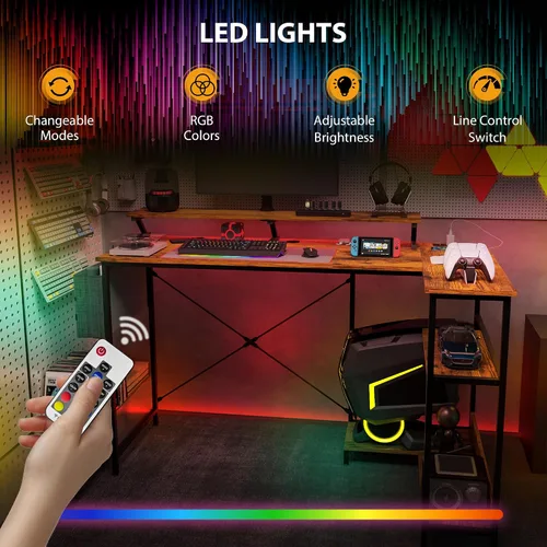 Vista 6 de HOMCOM Escritorio para juegos en forma de L de 58 pulgadas con tomas de corriente y luces LED, escritorio reversible para computadora con soporte