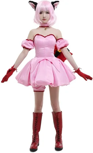 Vista 4 de miccostumes Disfraz de anime para mujer, vestido corto rosa transformado con orejas de gato y cola