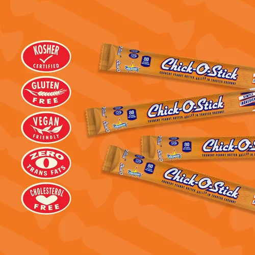 Vista 6 de Chick O Stick Barras de caramelo Paquete de 8 Mantequilla de maní crujiente enrollada en coco tostado Caramelo de mantequilla de maní Barras