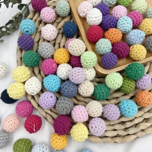 Vista 5 de Cuentas de ganchillo de algodón de madera de 0.630 in, 50 cuentas de colores mezclados para bricolaje collar pulsera
