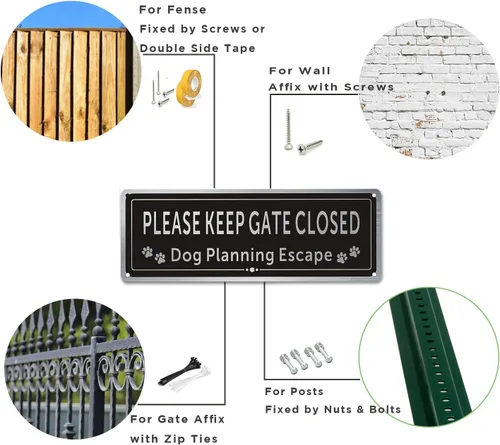Vista 7 de Paquete de 2 letreros de metal con texto en inglés «Please Keep Gate Closed» (Please Close the Gate Closed), diseño de perro de escape, aluminio