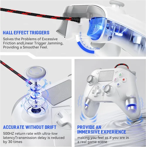 Vista 4 de Dinosoo Controlador con cable de 10 pies, almohadilla táctil múltiple y botones traseros para PS5/PS4/PC - Turbo, Macro, conector de 0.1 in (blanco)