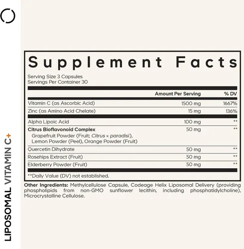 Vista 2 de Codeage Vitaminas liposomales de vitamina C con zinc, saúco, bioflavonoides cítricos, ácido ascórbico, quercetina y fruta de rosa mosqueta, píldoras