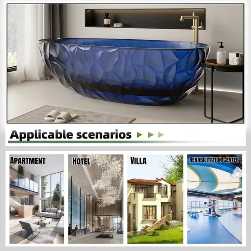 Vista 6 de Bañera independiente transparente de 67 pulgadas – Bañera de superficie sólida de diseño con textura ondulada, bañera de remojo extra profunda