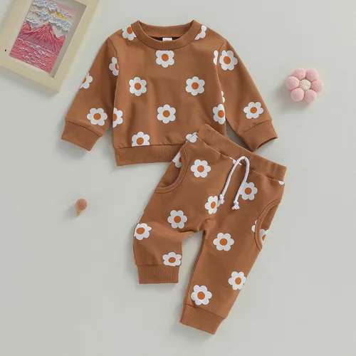 Vista 2 de Conjunto de sudadera de manga larga con cuello redondo y pantalones deportivos para bebé niña de 2 piezas