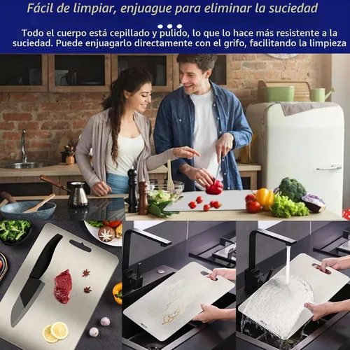 Vista 4 de Tablas de cortar de titanio para cocina, tabla de cortar de acero inoxidable de doble cara, diseño colgable, fácil de limpiar, duradera y resistente