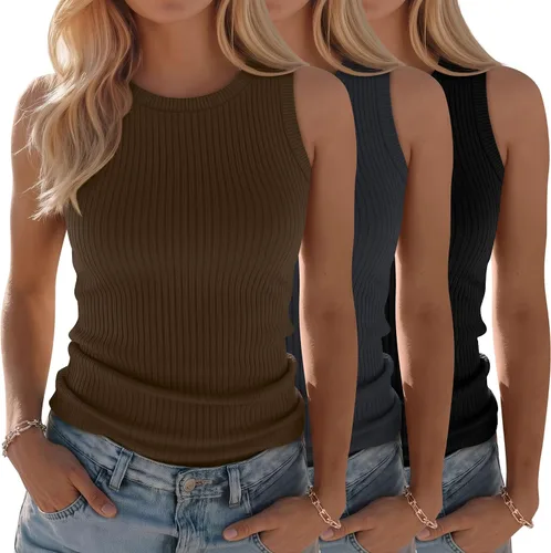 Vista 24 de Paquete de 3 camisetas sin mangas de algodón para mujer, de punto acanalado, casuales, básicas, de cuello redondo, ajustadas, de verano, con espalda