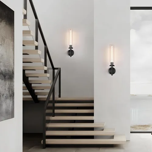 Vista 8 de Apliques de pared modernos en negro con cableado integrado, aplique de pared de 21'' con textura estriada para baño, aplique de pared
