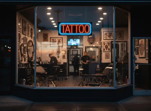 Vista 4 de Letrero de neón de tatuaje con borde, tamaño grande, 32 pulgadas de ancho x 13 pulgadas de alto, letras rojas con un borde exterior azul, tubo