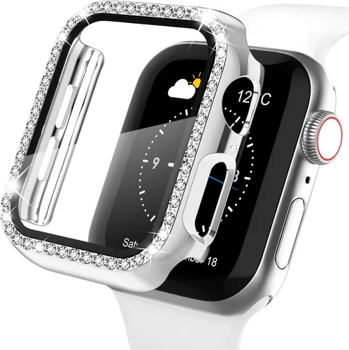 Vista 12 de Recoppa funda para Apple Watch con protector de pantalla con cristales brillantes y diamantes de imitación, ultrafina, funda con protección Negro