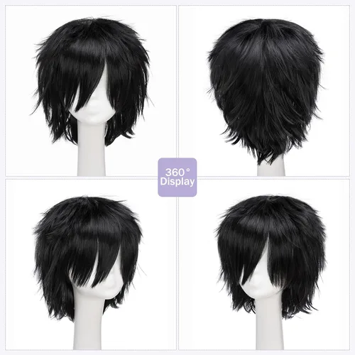 Vista 4 de Pelucas de pelo sintético lacio, corto y esponjoso. Para fiestas de cosplay, anime peluca con pelo despeinado y puntiagudo, para hombre y mujer