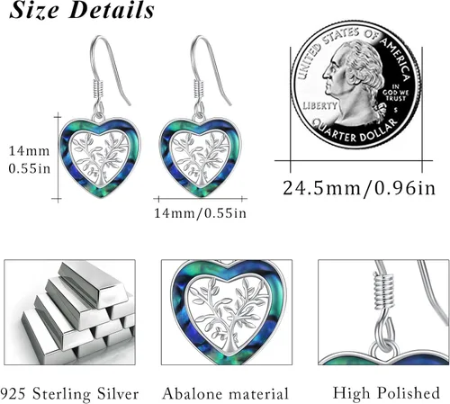 Vista 2 de Aretes de plata de ley 925 con forma de árbol de la vida, con forma de corazón de abulón, árbol genealógico, joyería de corazón para mujer, Plata