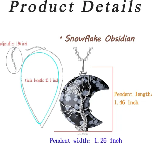 Vista 5 de MAIBAOTA Collar de cristal curativo, collar de luna creciente envuelta en alambre de árbol de vida, collar con colgante de piedra natural de reiki