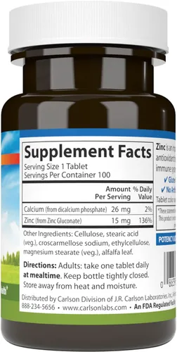 Vista 2 de Carlson - Zinc, 15 mg, Suplemento de zinc, gluconato de zinc, apoyo inmunológico y salud de la piel, tabletas de zinc, antioxidante, cápsulas