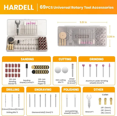 Vista 2 de HARDELL 69 piezas de accesorios para herramientas rotativas, kit de accesorios para herramientas rotativas eléctricas con vástagos de diámetro