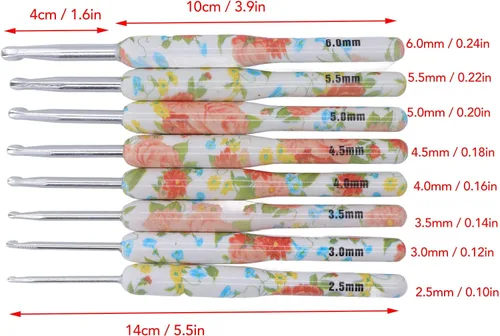 Vista 6 de Juego de 8 ganchos ergonómicos de ganchillo, kit de ganchos de ganchillo de aluminio colorido con diseño floral amarillo para tejedores