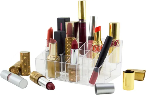 Vista 2 de Organizador de cosméticos y maquillaje transparente. Para labiales en barra, pinceles, frascos y más. Soporte transparente para estantes.