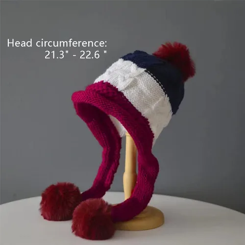 Vista 2 de Womens Winter Large Korean Version Thick Knitted Hats with Fur Pompom Warm Earmuffs Wool Ball Ear Protection Caps