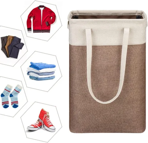 Vista 5 de Cesta de ropa sucia con asas beige y marrón, cesta de lavandería delgada plegable, cesta de ropa sucia estrecha, bolsa de lavandería plegable, cesto