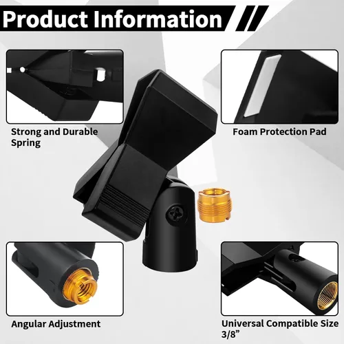 Vista 3 de Paquete de 4 clips de micrófono ajustables universales para soportes, soporte de micrófono inalámbrico con adaptador de 5/8 a 3/8 pulgadas, perilla