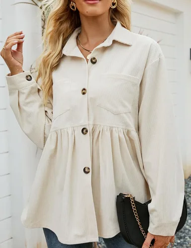 Vista 2 de Flygo Camisas de pana peplum para mujer, con botones, de gran tamaño, babydoll