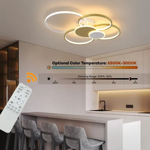 Vista 2 de OUKANING Lámpara de techo moderna LED de 65 W, regulable, con control remoto, 6 anillos, lámpara de techo empotrada, lámpara de techo dorada