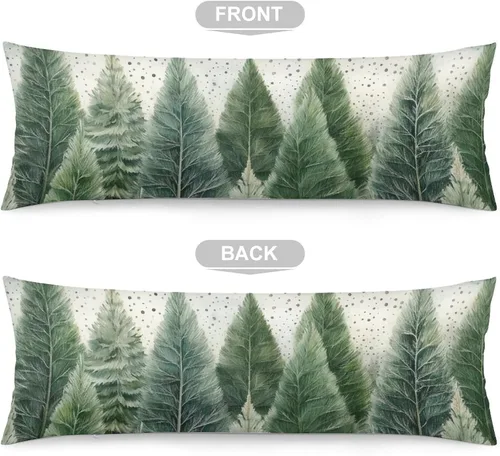 Vista 3 de Funda de almohada corporal con estampado de bosque natural, funda protectora larga con cremallera, pinos verdes con copos de nieve, funda