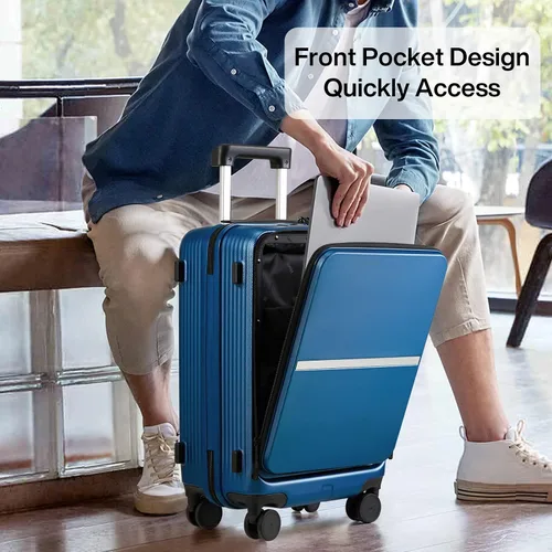 Vista 5 de Hanke equipaje de mano, Azul Patchwork, carry on 20-Inch, Equipaje de mano mejorado con bolsillo frontal para laptop de 15.6 pulgadas