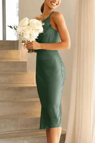 Vista 3 de PRETTYGARDEN Vestido midi de satén para mujer, con un hombro, tirantes delgados, espalda descubierta, fruncido, vestido ajustado de verano