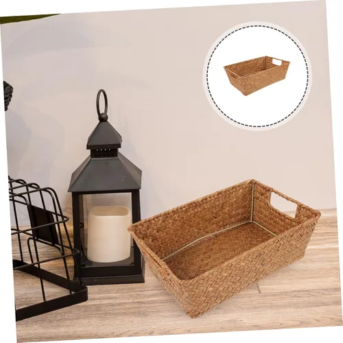 Vista 4 de Angoily Cesta de almacenamiento tejida a mano de hierba marina, organizador rectangular para escritorio, cesta portátil de hierba marina, asa