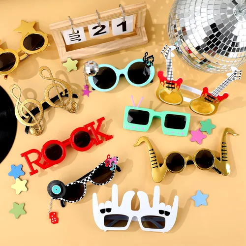 Vista 4 de Paquete de 9 gafas de sol divertidas de música rock, decoración de los años 80 y 90, suministros de fiesta de música retro, radio, estrellas