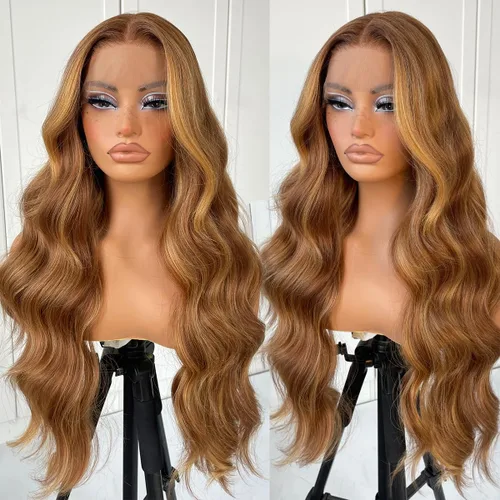Vista 15 de #27 Peluca de encaje frontal rubia miel sin pegamento, onda corporal, pelucas de encaje frontal sintéticas prediseñadas, con línea de cabello