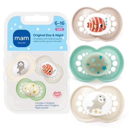 Vista 12 de MAM Chupetes originales de día y noche, chupete Binky para 6-16 meses, silicona sin BPA, brilla en la oscuridad, mejor para bebés recién nacidos