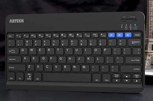Vista 7 de Arteck HB220B Universal Retroiluminado 7 colores y brillo ajustable Multi-dispositivo delgado portátil inalámbrico Bluetooth 3.0 teclado para iOS