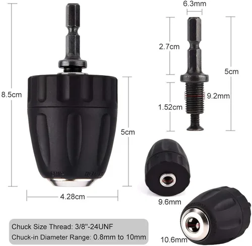 Vista 7 de Portabrocas de 0.031-0.394 in sin llave con adaptador de mandril hexagonal de 1/4 pulgadas, herramienta de conversión profesional de liberación