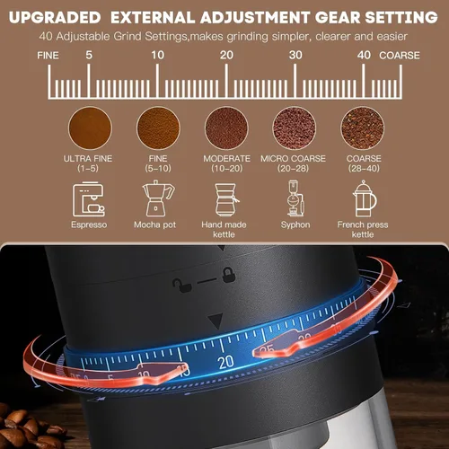 Vista 2 de Molinillo eléctrico portátil de granos de café, rebabas cónicas de cerámica mejoradas con 40 niveles externos ajustables finos a ajustes gruesos