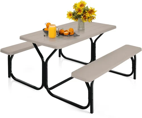 Vista 11 de ORALNER Mesa de picnic, mesa de comedor de resina y 2 bancos, mesa de grano de madera resistente a la intemperie y marco de acero, mesas de picnic