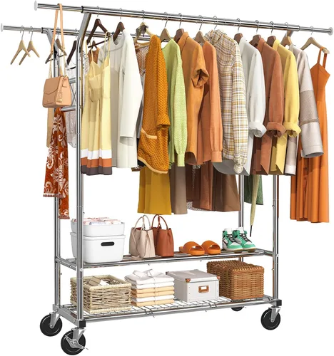 Vista 9 de Simple Trending - Perchero estándar para ropa con ruedas y estante de almacenamiento de malla en color amarillo dorado