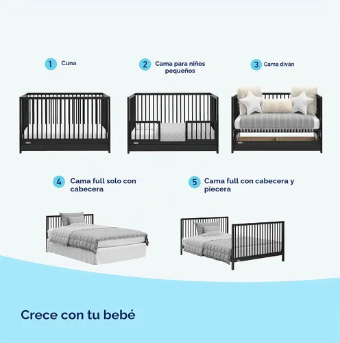 Vista 4 de Graco Teddi - Cuna convertible 5 en 1 con cajón, color negro