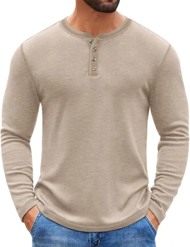 Vista 6 de COOFANDY - Camisetas Henley para hombre, manga larga, con botones, estilo casual, de pullover, suaves, elásticas, tops de camiseta