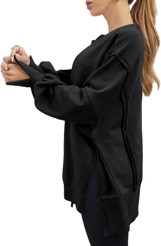 Vista 3 de AUTOMET Sudaderas de gran tamaño para mujer, estilo casual, cuello redondo, manga larga, con abertura, ropa de moda de otoño 2023