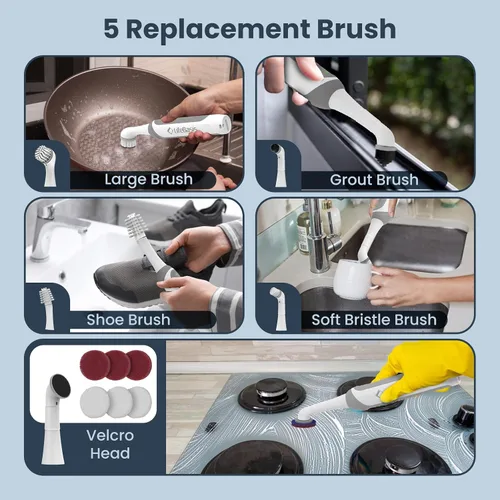 Vista 3 de LifeBasis - Cepillo de limpieza recargable inalámbrico, color blanco Water-resistant Compact Scrubber with 5 Replaceable Brush Heads for Grout
