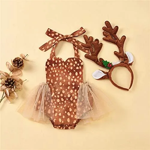 Vista 2 de Conjunto de ropa de Navidad para recién nacido, para bebé, mameluco de ciervos, de encaje y tutú+diadema de cuernos, 2 unidades de ropa de Navidad