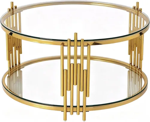 Vista 8 de SSLine Round 2-Tier Glass Coffee Table with Gold Stainless Steel Frame