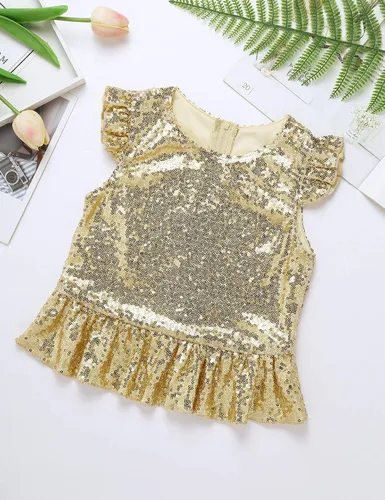 Vista 5 de TiaoBug Camiseta de fiesta para niñas, disfraz de sirena con lentejuelas y volantes adornados, chaleco para Halloween, carnaval, cumpleaños