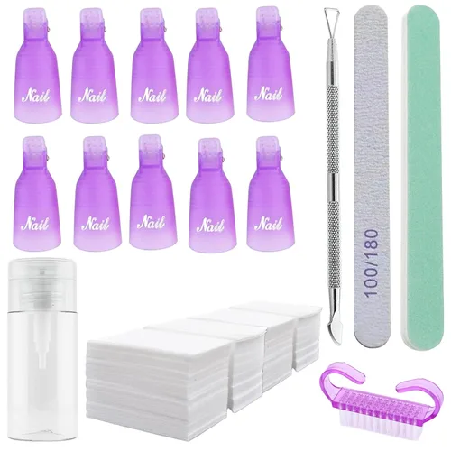 Vista 14 de Kit de removedor de esmalte de uñas de gel con 10 clips de removedor de esmalte de uñas rosa con tapa, botella dispensadora, empujador de cutículas