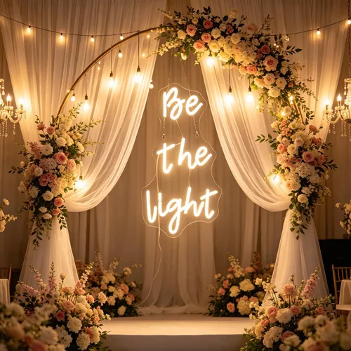 Vista 2 de Letrero de neón con texto en inglés "Be The Light", luces de neón decorativas con citas positivas para decoración de pared de habitación del hogar
